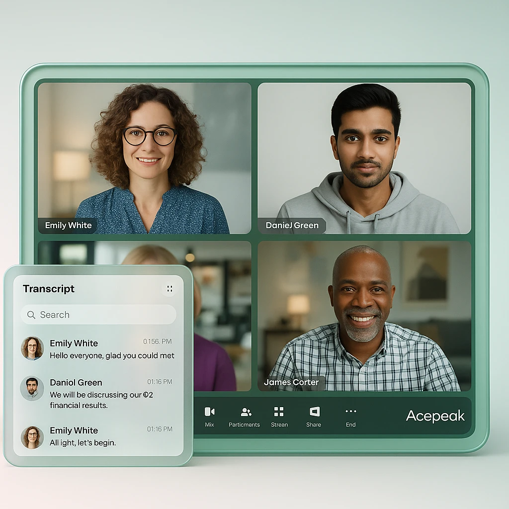 AcePeak Virtual Meeting Interface With Live Transcript