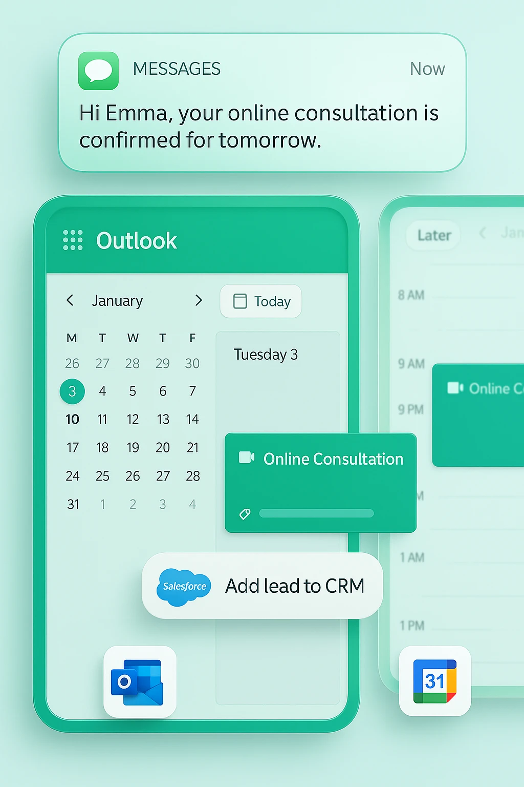 Online consultation confirmation and calendar