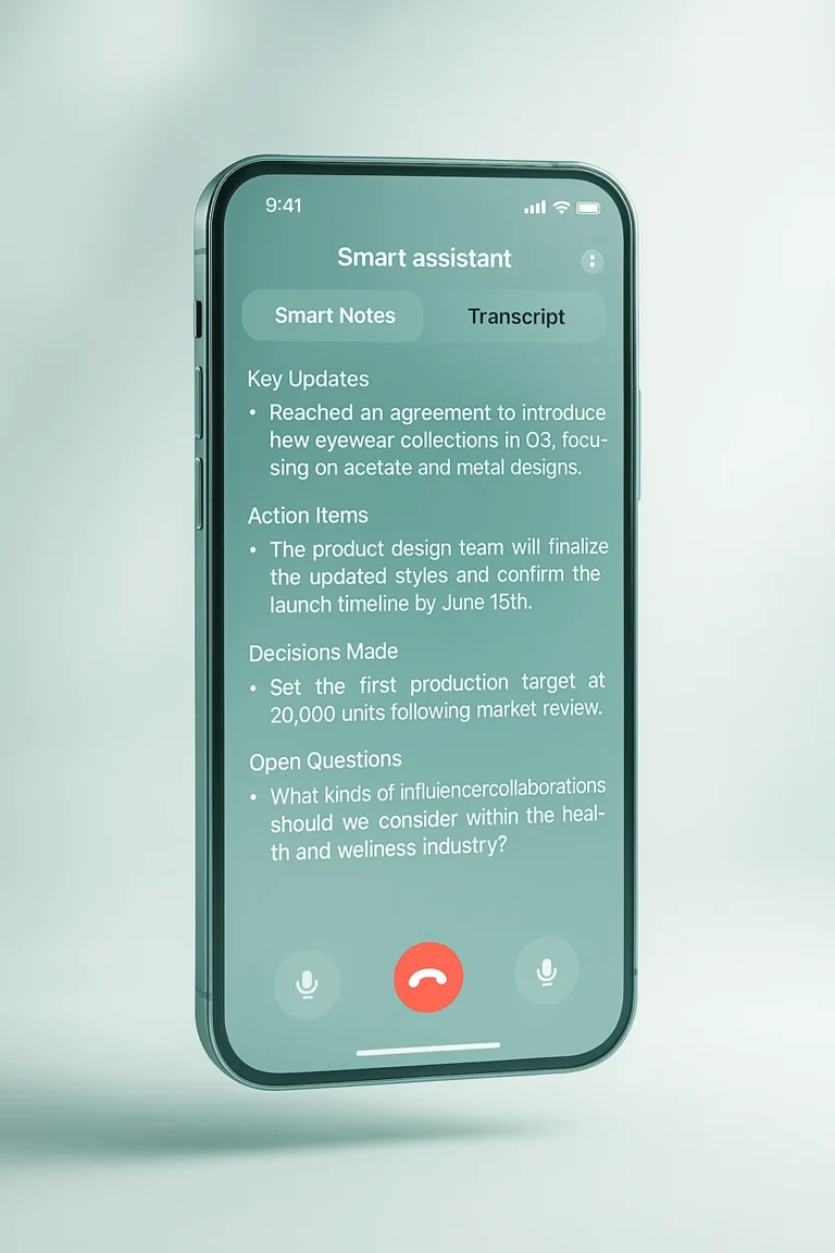 Smart assistant interface on a smartphone screen showing meeting notes with sections for key updates, action items, decisions made, and open questions.